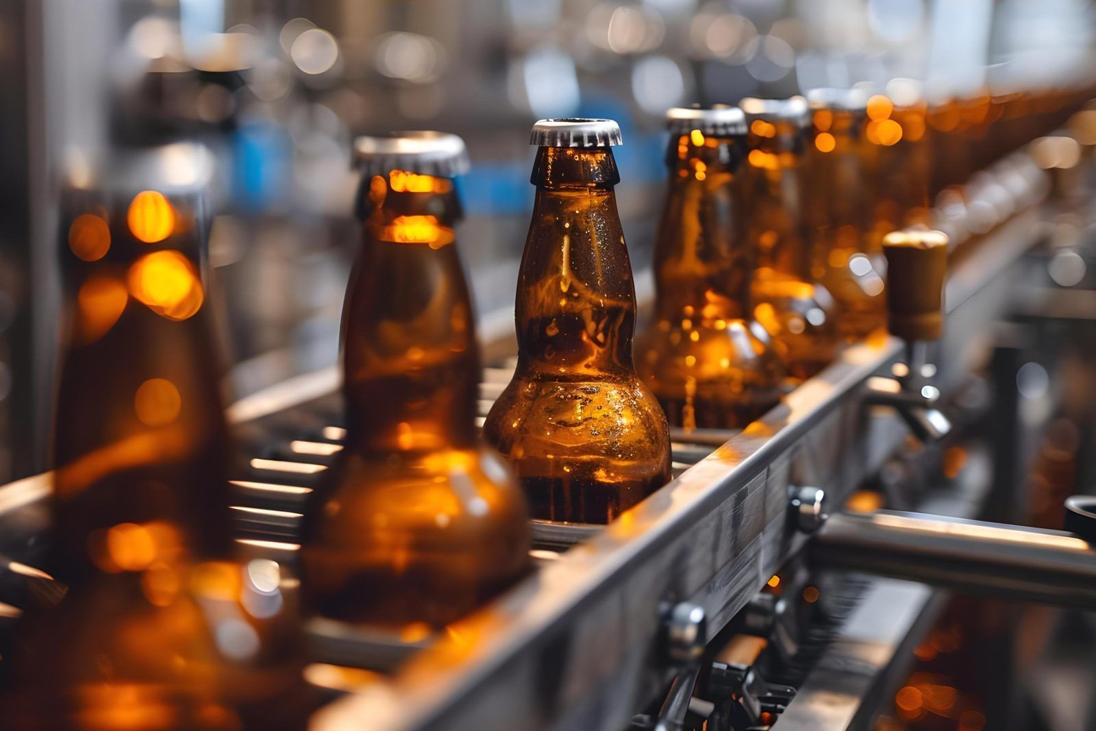 Amber beer bottles moving along a bottling line.